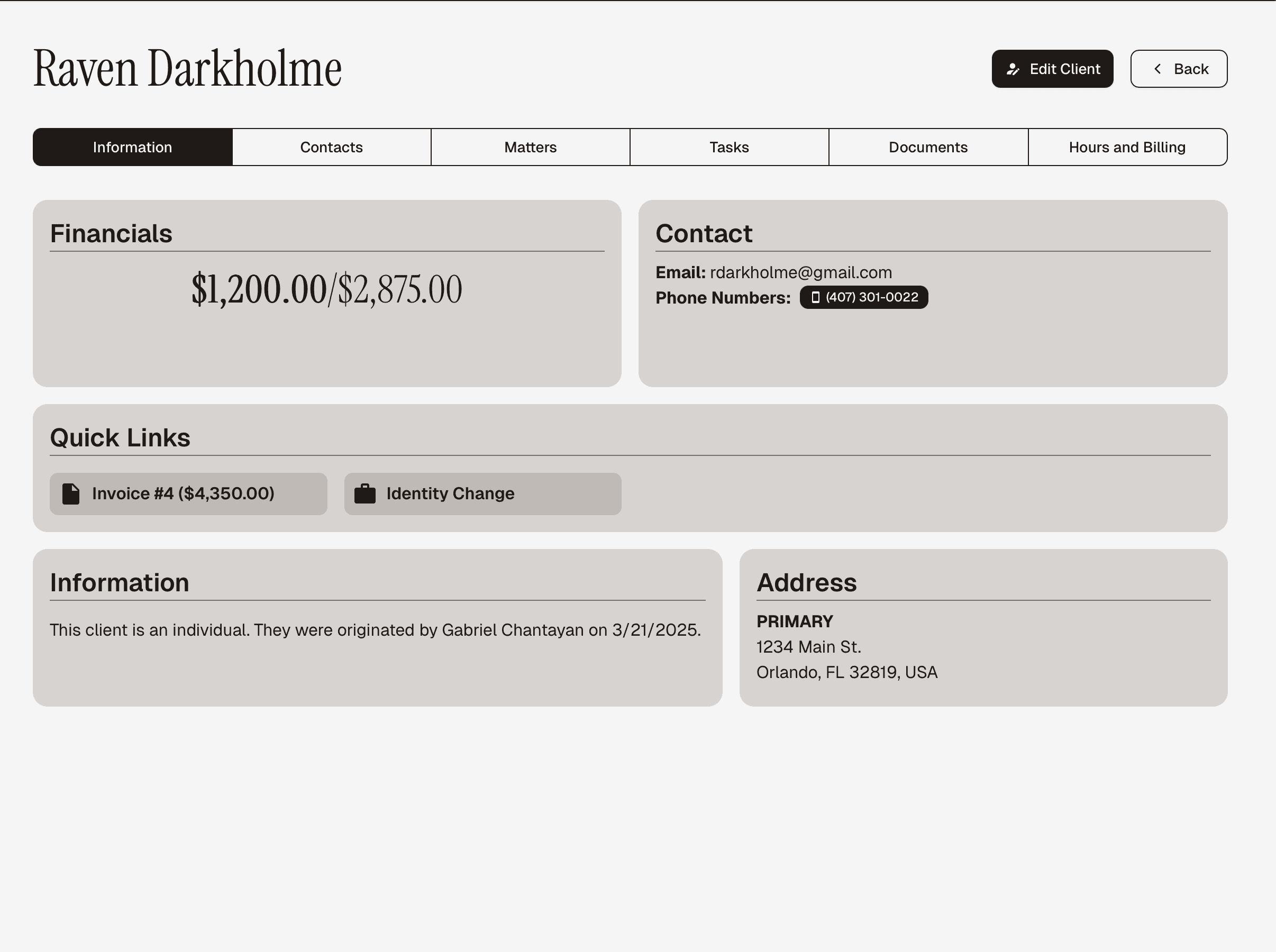 A screenshot of the client dashboard